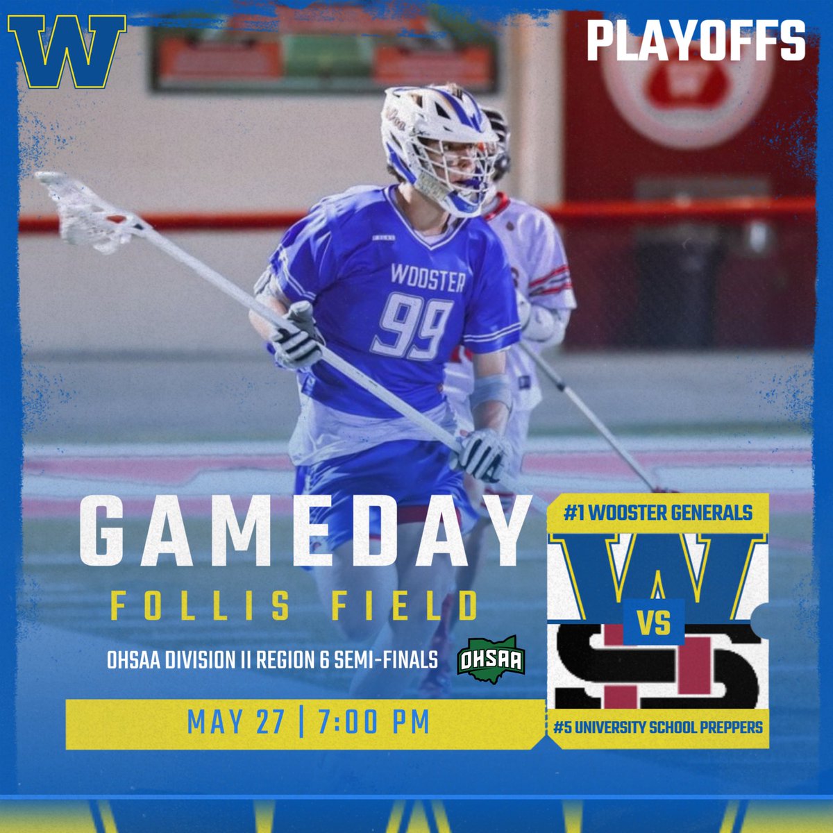 💥💥PLAYOFF GAMEDAY💥💥

The Generals host the Preppers this evening in the Region 6 Semi-Finals! The opening face-off will take place at 7pm. #GoWoo