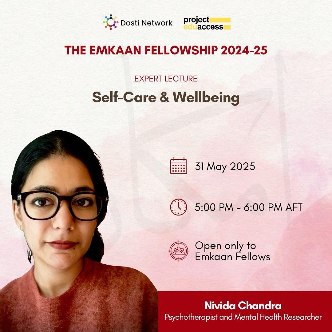 Project EduAccess (@projeduaccess) on Twitter photo We are pleased to organise a lecture on ‘Self-Care and Wellbeing’ by Nivida Chandra, as part of the Emkaan Fellowship.
<a href="/NividaChandra/">Nivida Chandra</a> is a psychotherapist and mental health researcher. She is the principal psychotherapist at KindSpace Center for Mental Health. We are pleased to organise a lecture on ‘Self-Care and Wellbeing’ by Nivida Chandra, as part of the Emkaan Fellowship.
<a href="/NividaChandra/">Nivida Chandra</a> is a psychotherapist and mental health researcher. She is the principal psychotherapist at KindSpace Center for Mental Health.