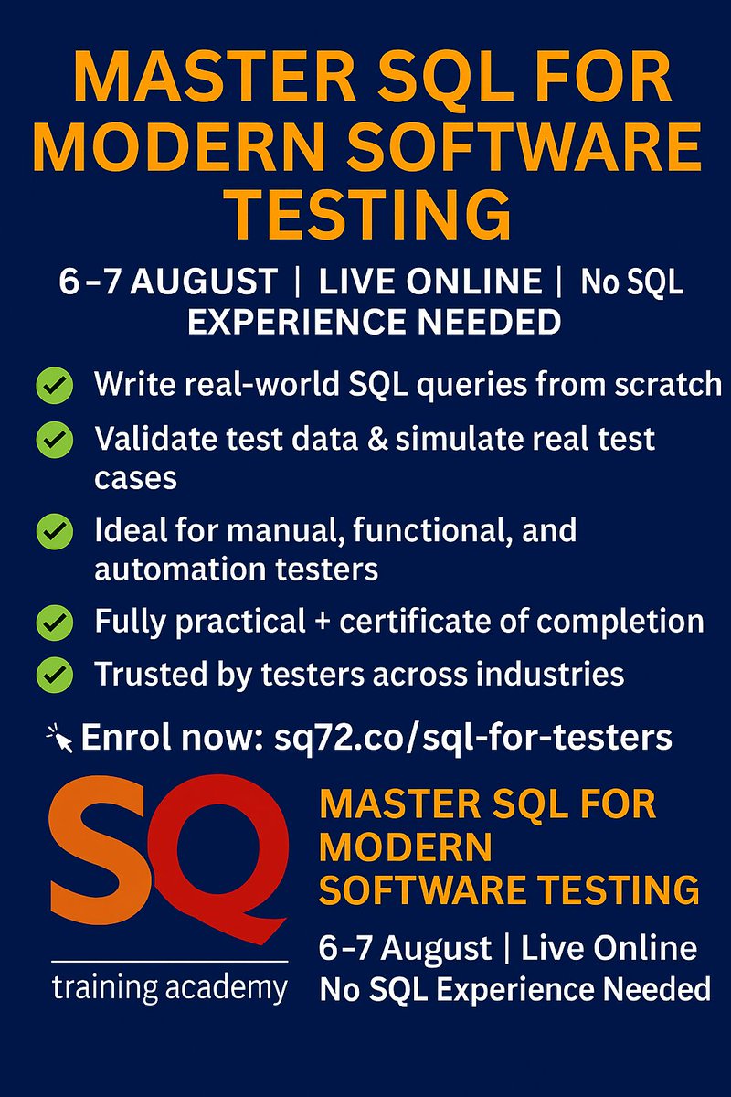 SQ72Testing's tweet image. 📊 SQL = The secret weapon of smart testers
✔ Learn real queries
✔ Validate test data
✔ Upgrade your QA game
📅 6–7 Aug | 💻 Live Online
🔗 sq72.co/sql-for-tester…
#SQLforTesters #SoftwareTesting #DataQA