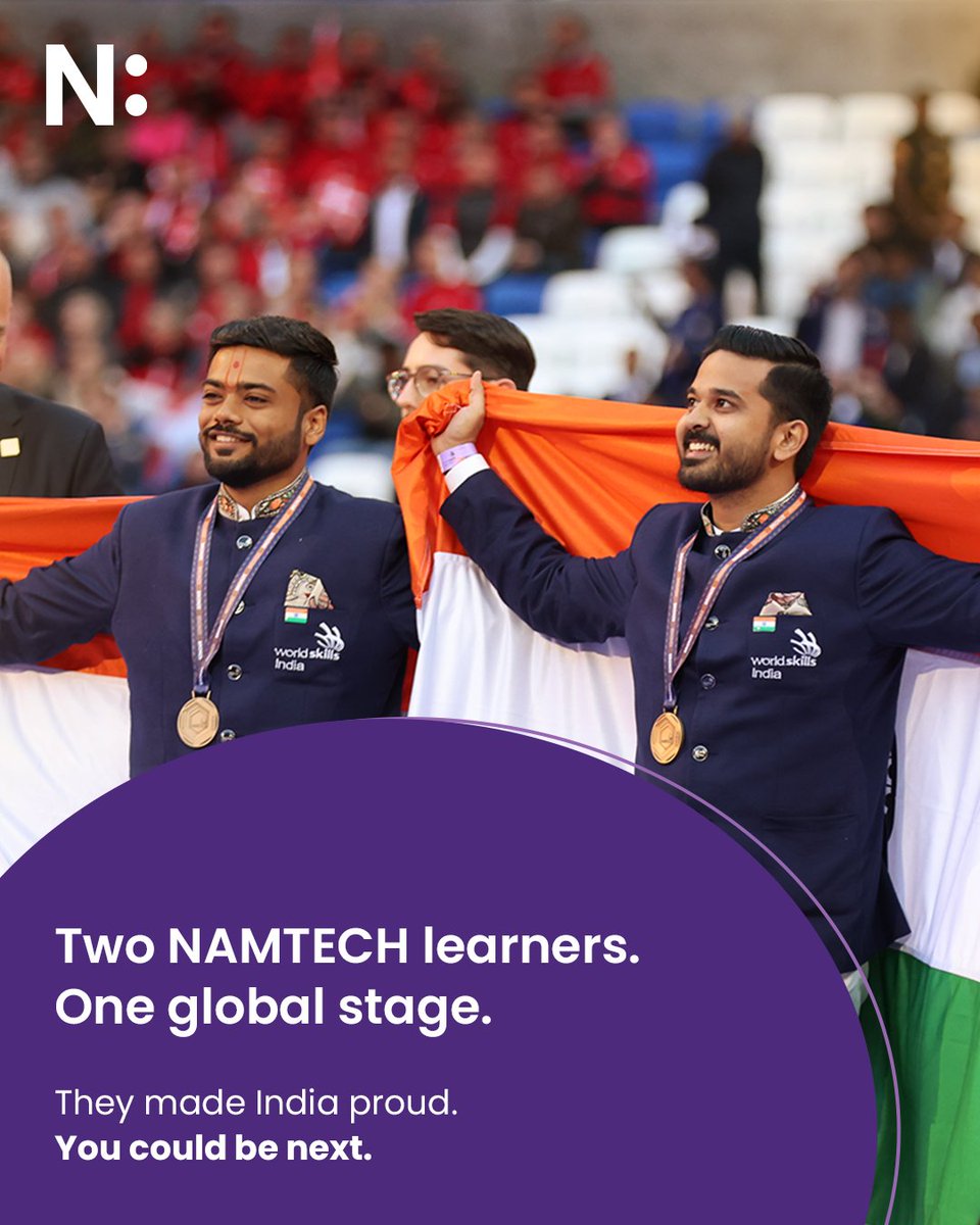 namtechofficial's tweet photo. Dhrumil Gandhi and Sathyajit Balakrishnan from NAMTECH’s foundation batch showcased their skills at WorldSkills Lyon, France. Now it’s your turn. Train with top faculty and represent India at WorldSkills Shanghai 2026.

Admissions open now!

#NAMTECH #WorldSkills https://t.co/8GZKlHVYWl