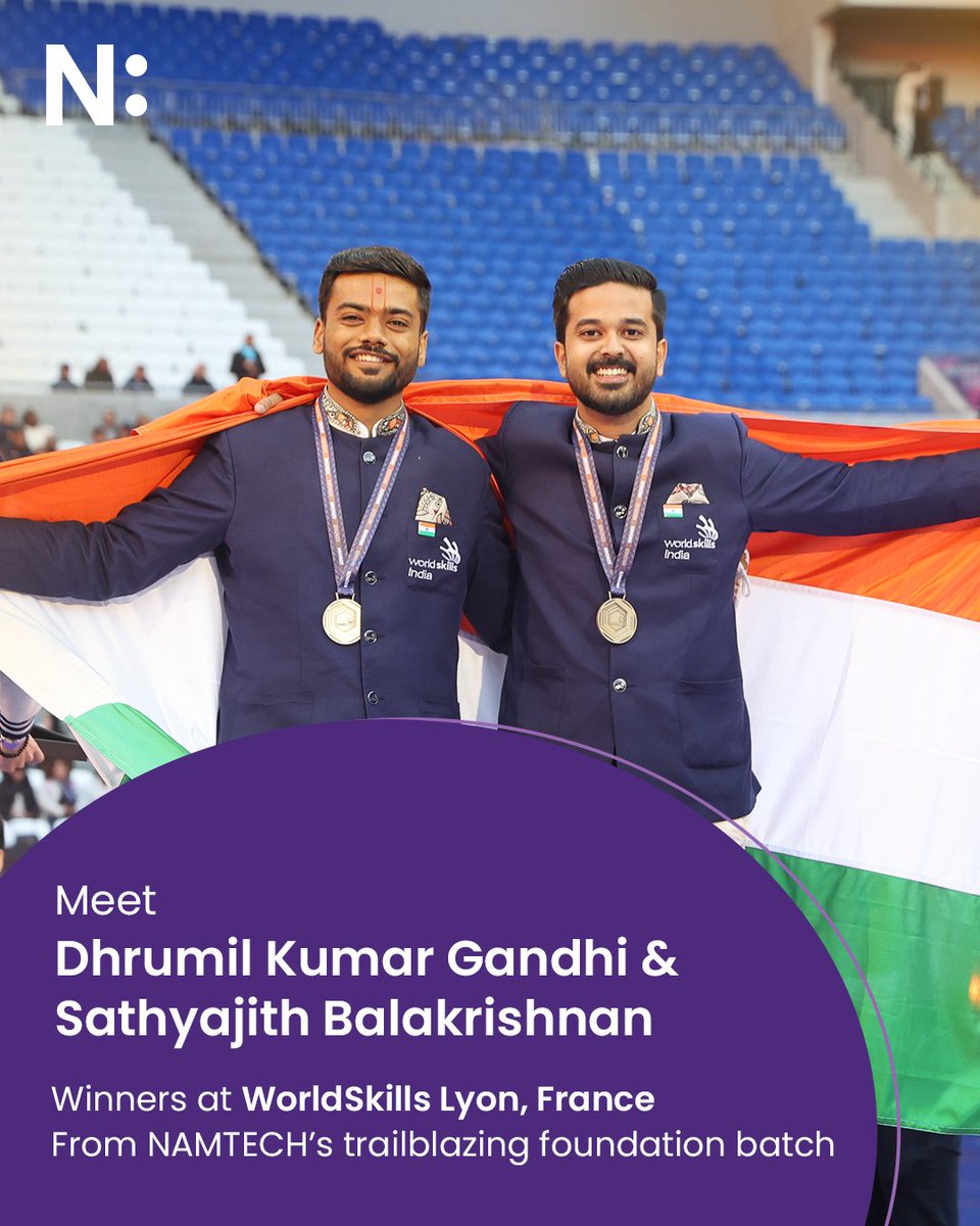 namtechofficial's tweet photo. Dhrumil Gandhi and Sathyajit Balakrishnan from NAMTECH’s foundation batch showcased their skills at WorldSkills Lyon, France. Now it’s your turn. Train with top faculty and represent India at WorldSkills Shanghai 2026.

Admissions open now!

#NAMTECH #WorldSkills https://t.co/8GZKlHVYWl