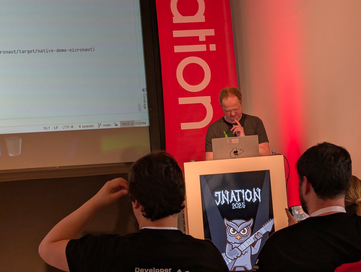 JNationConf's tweet photo. @vveloso and @JohanHutting at JNation 2025 with: “Going green with native: efficient, sustainable software”.
A talk on native compilation, performance and building leaner systems.
#JNation #Java #Coimbra #CloudNative #SustainableTech https://t.co/r17qvqYGPp