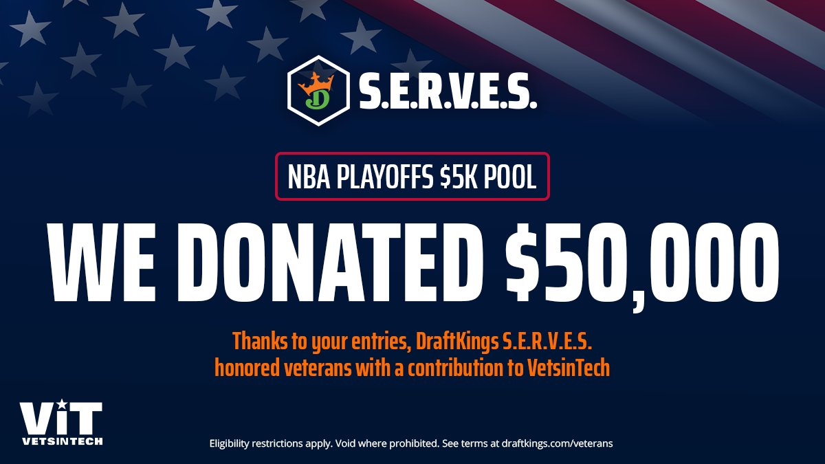 With 52K+ entries and $50,000 donated, we’re proud to support <a href="/VetsInTech/">VetsInTech</a> this Memorial Day.

Through our NBA Playoffs free-to-play pool, DraftKings helped:

 ✅ Train veterans &amp; military spouses through our VetsInTech Tech for Heroes program
✅ Support education, employment &amp;