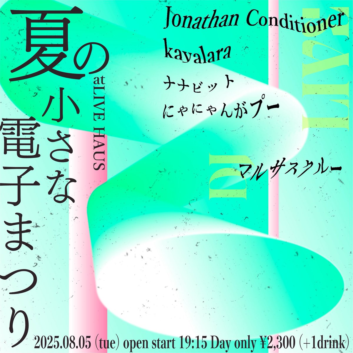 夏の小さな電子まつり
at LIVE HAUS
2025.08.05 (TUE)
open start 19:15
当日券のみ ¥2,300 (+1drink)

LIVE :
Jonathan Conditioner
kayalara 
ナナビット
にゃにゃんがプー

DJ :
マルサスクルー

Flyer Design :
やなぎさわまちこ