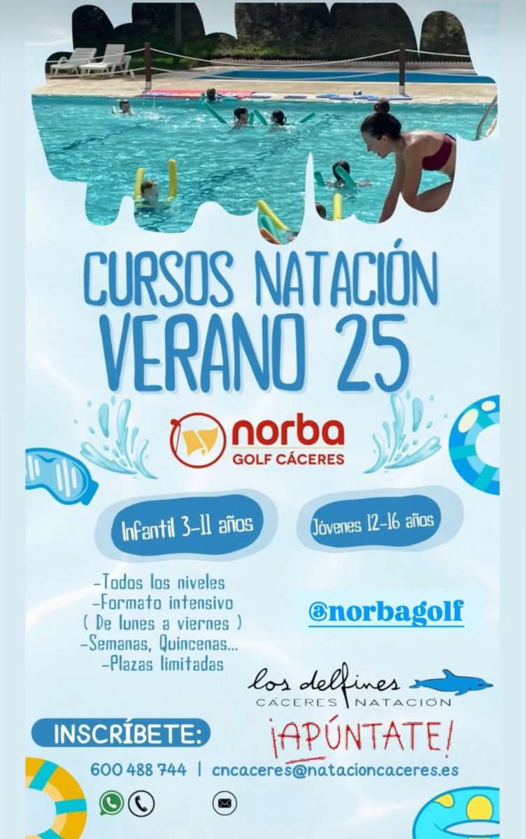 🏊‍♂️ ¡Vuelven los Cursos de Natación Verano 25 en Norba Golf Cáceres!
🌞 Para peques de 3 a 16 años
📅 Formato intensivo (lunes a viernes)
📍 ¡Plazas limitadas!
💧Todos los niveles | Semanas o quincenas
📲 Infórmate y apúntate: 600 488 744
📩 cncaceres@natacioncaceres.es
@norbagolf
