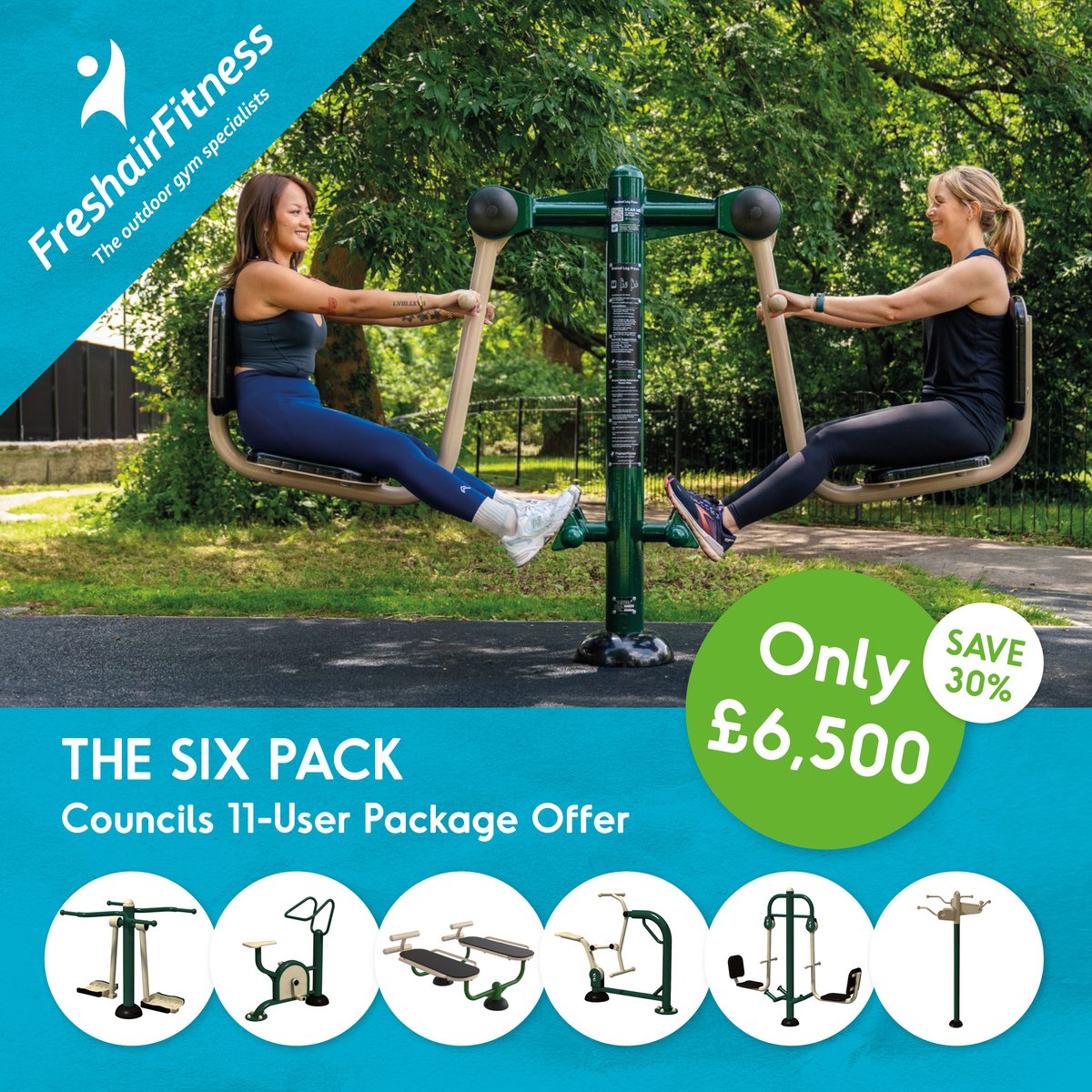 THE SIX PACK
SAVE 30% with this 6-piece, 11-user package offer for Councils ONLY £6,500!

Carefully selected to provide a full body workout and suitable for all ages and abilities, this is an   outstanding solution for parks and recreation grounds.

Package includes:
·