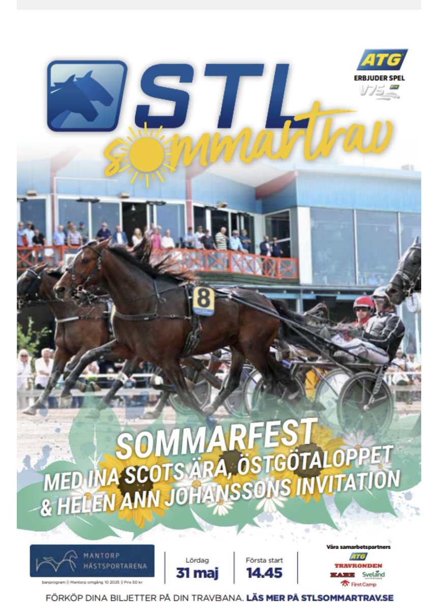 STL-programmet till Mantorp!

På lördag är det finfina lopp på Mantorp med bl a Ina Scots Ära och Östgötaloppet.
Ett fåtal platser finns kvar på restaurangen.
Strukna hästar just nu. Enaoz i V75-5 och Dilva Jet i V75-7.
mantorphastsportarena.se/media/attachme…