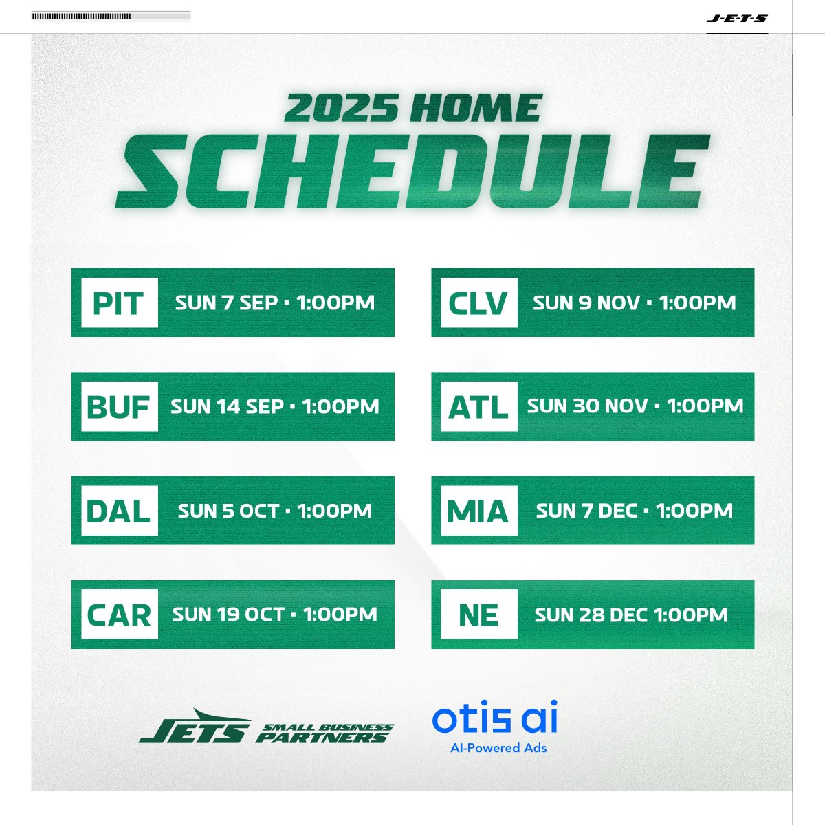 🏈 2025 Jets home schedule is LIVE!

We’re back as an official Small Business Partner of the <a href="/nyjets/">New York Jets</a> — proud to bring AI-powered advertising to the gridiron 🧠📈

Catch <a href="/otis_ai/">Otis AI</a> at MetLife all season long 💚