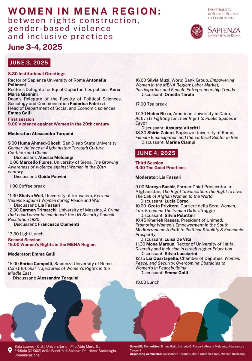 DiSSE_Sapienza's tweet photo. Il 3 e 4 giugno 2025, il Dipartimento di Scienze sociali ed economiche della Sapienza Università di Roma organizza un convegno internazionale sulla condizione delle donne nell'area MENA (  (Middle East and North Africa). https://t.co/66NxPsSEfJ