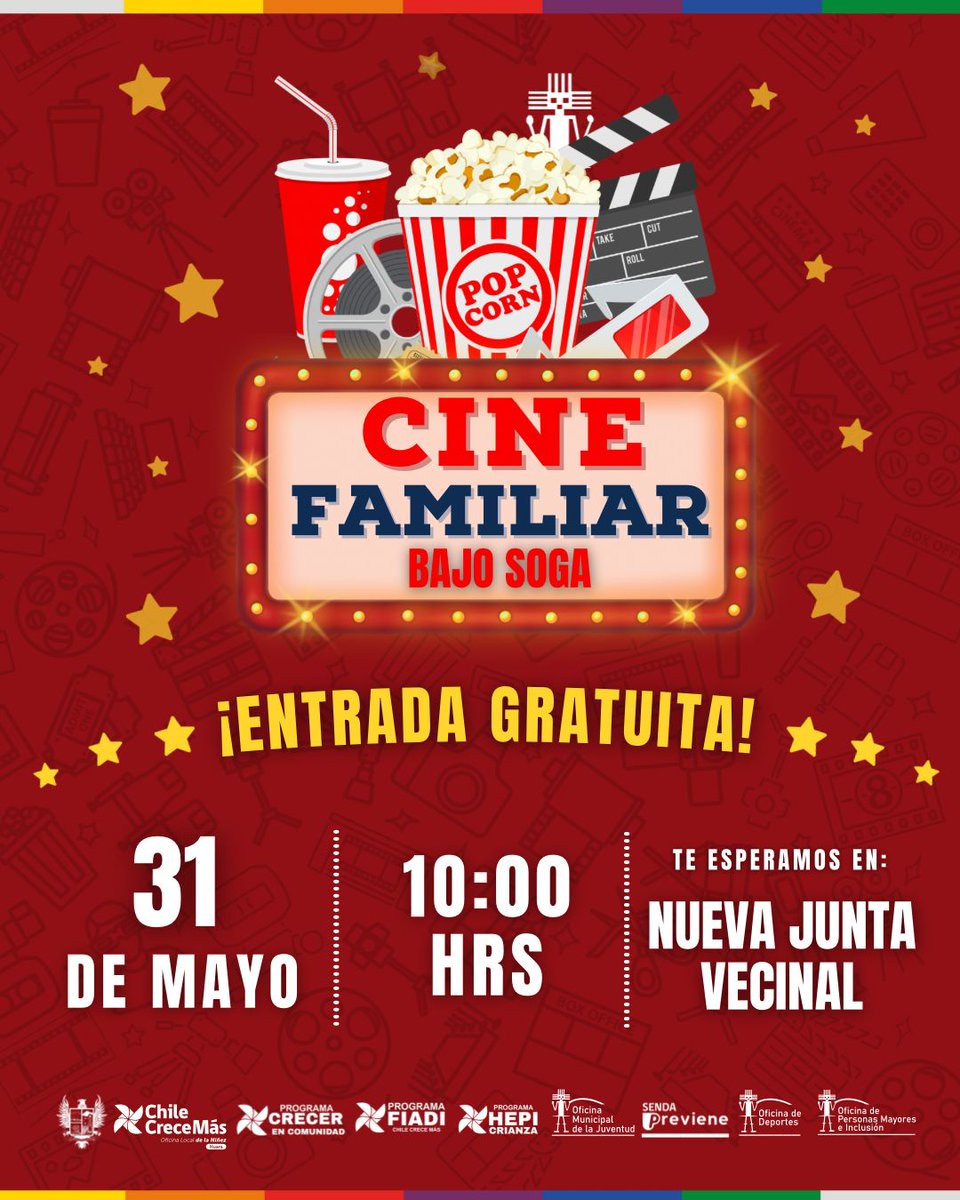 📽🎞¡Imperdibles días de cine!

Prepárate para dos jornadas llenas  de entretención y buena onda.😎

Los esperamos para disfrutar de una película hermosa con entrada gratuita🎫, palomitas🍿 y el mejor ambiente.

Trae tu mantita🧣🛋️, cojín🧸 y ganas de pasarlo bien.

#Iquique