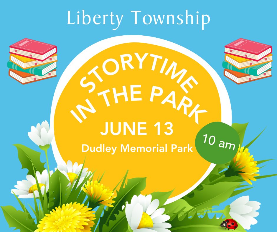 Mark your calendars for June 13 as Storytime in the Park returns to Liberty Township! Join us beginning at 10 a.m. at Dudley Memorial Park (5700 Yankee Road) for a 30-minute storytime provided by <a href="/MidPointe/">MidPointe Library</a>. Come for the story, play on the playground afterwards!