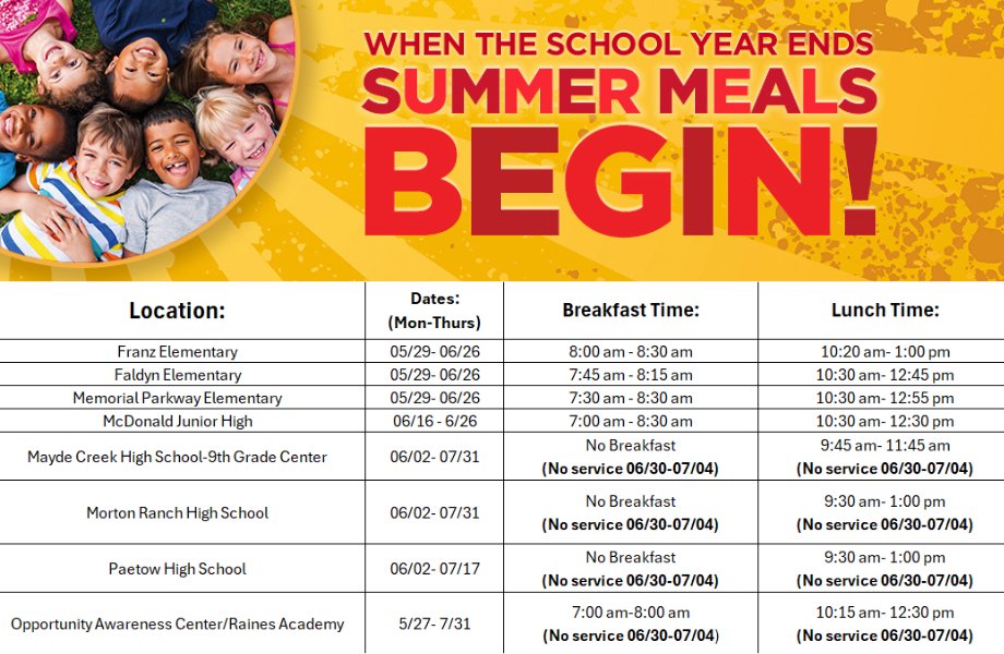 Summer Meals: School’s out, but healthy meals are still on the table! Starting May 27 through July 31, select Katy ISD campuses will serve free breakfast and lunch to all kids 18 and under.

Find participating locations and details at katyisdfoodservices.com