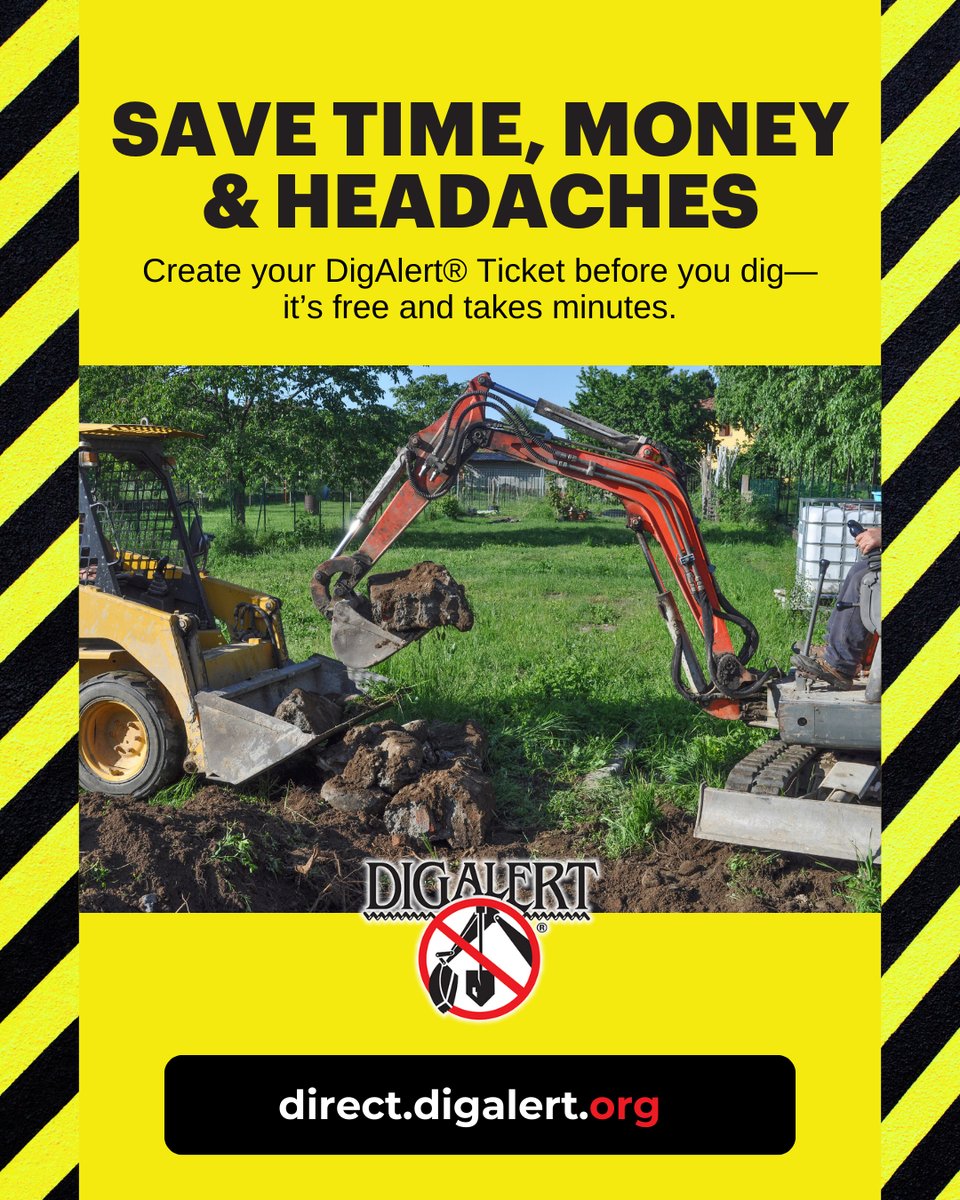 DigAlert's tweet photo. 💸 Save Time, Money & Headaches
One DigAlert® ticket could save you thousands in repair costs, not to mention delays and danger.
Create your ticket before you dig—it’s free and takes minutes.
🔗 Submit: https://t.co/ng27kBb67j
#SaveBig #FreeProtection #DigSafe https://t.co/ZxH7VphB04