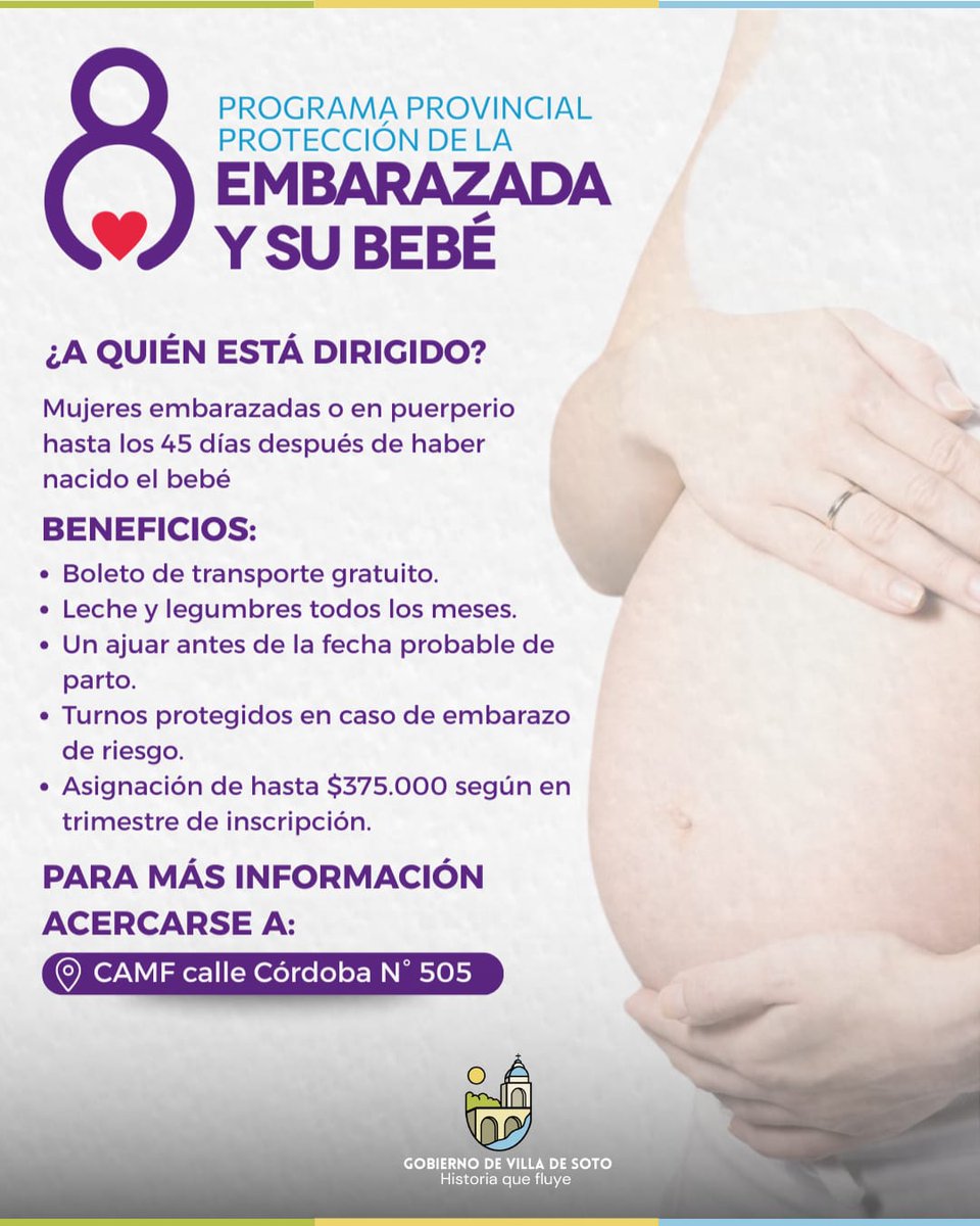 MuniSoto's tweet photo. #MuniSalud - Si estás embarazada o en puerperio, podés acceder a múltiples beneficios a través del Programa Provincial de Protección de la Embarazada y su Bebé.

Para más información, acercarse al CAMF – Córdoba 505. 📍 https://t.co/uRKr2u2dgf