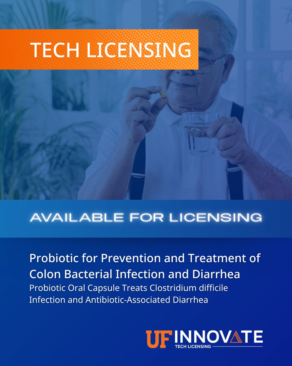 UF Innovate | Tech Licensing (@ufotl) on Twitter photo .<a href="/UFMedicine/">UF Medicine</a> researchers led by Dr. Gary Wang developed a probiotic that prevents and treats C. diff infections and antibiotic-associated diarrhea. Taken orally, it restores gut balance and reduces reinfection risk.
License this tech today: ufinnovate.technologypublisher.com/tech/Probiotic… .<a href="/UFMedicine/">UF Medicine</a> researchers led by Dr. Gary Wang developed a probiotic that prevents and treats C. diff infections and antibiotic-associated diarrhea. Taken orally, it restores gut balance and reduces reinfection risk.
License this tech today: ufinnovate.technologypublisher.com/tech/Probiotic…
