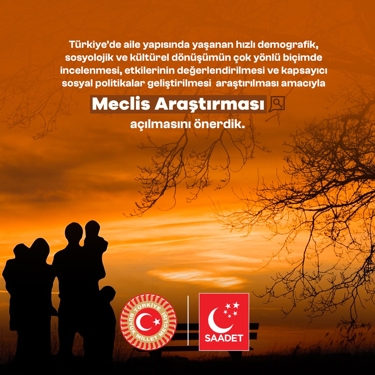 Türkiye'de aile yapısında yaşanan hızlı demografik, sosyolojik ve kültürel dönüşümün çok yönlü biçimde incelenmesi, etkilerinin değerlendirilmesi ve kapsayıcı sosyal politikalar geliştirilmesi amacıyla Meclis Araştırması açılmasını önerdik.
