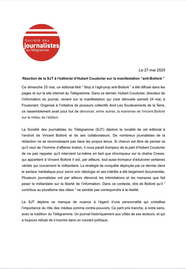 Alexis Lévrier (@alexlevrier) on Twitter photo Au sommet des rédactions, il y a parfois (souvent?) des journalistes habitués à l'entre-soi avec le pouvoir, et qui s'accommodent de la vague brune qui vient. A la base, beaucoup de journalistes résistent, et il faut saluer leur courage. Soutien à la rédaction de <a href="/LeTelegramme/">Le Télégramme</a> Au sommet des rédactions, il y a parfois (souvent?) des journalistes habitués à l'entre-soi avec le pouvoir, et qui s'accommodent de la vague brune qui vient. A la base, beaucoup de journalistes résistent, et il faut saluer leur courage. Soutien à la rédaction de <a href="/LeTelegramme/">Le Télégramme</a>