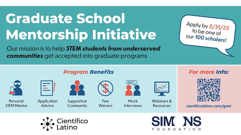 Applying to STEM grad programs? 🎓

Apps for scholars and mentors due THIS WEEK for #CLGSMI! 🤩
➡️ cientificolatino.com/gsmi

The GSMI program supports applicants through 1-on-1 mentorship, fee waivers, professional development, and community building!