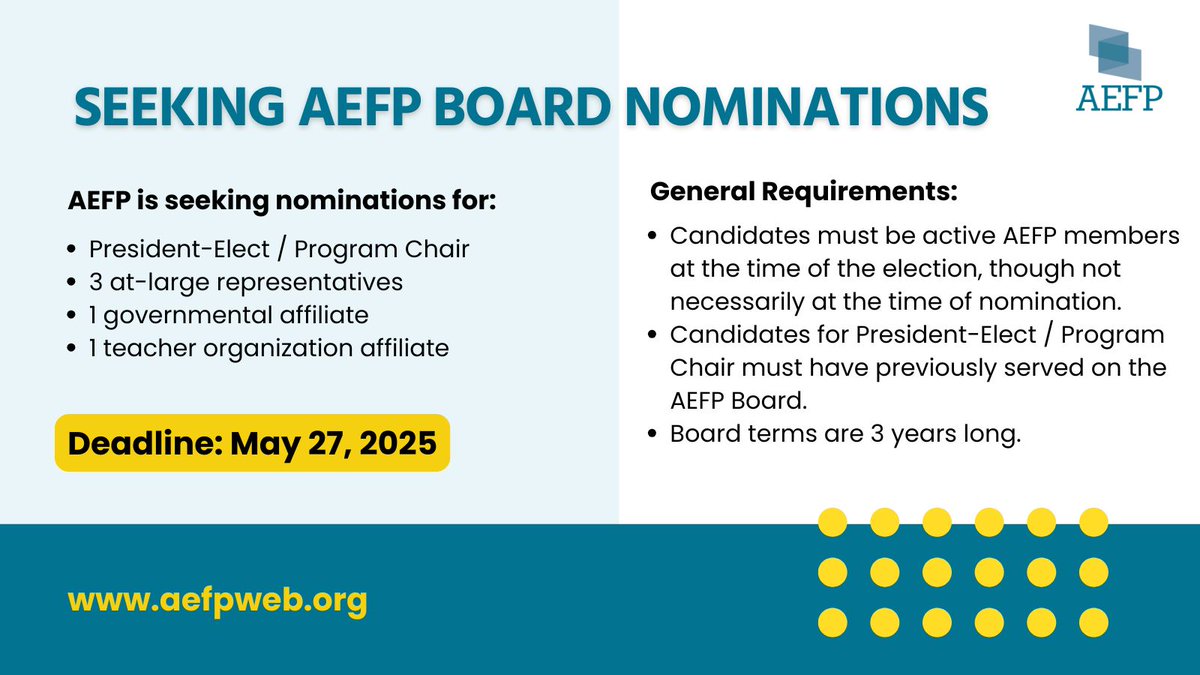 AEFP is seeking nominations for the AEFP Board of Directors. Nominations are due TODAY. Complete the nomination form here: docs.google.com/forms/d/e/1FAI…