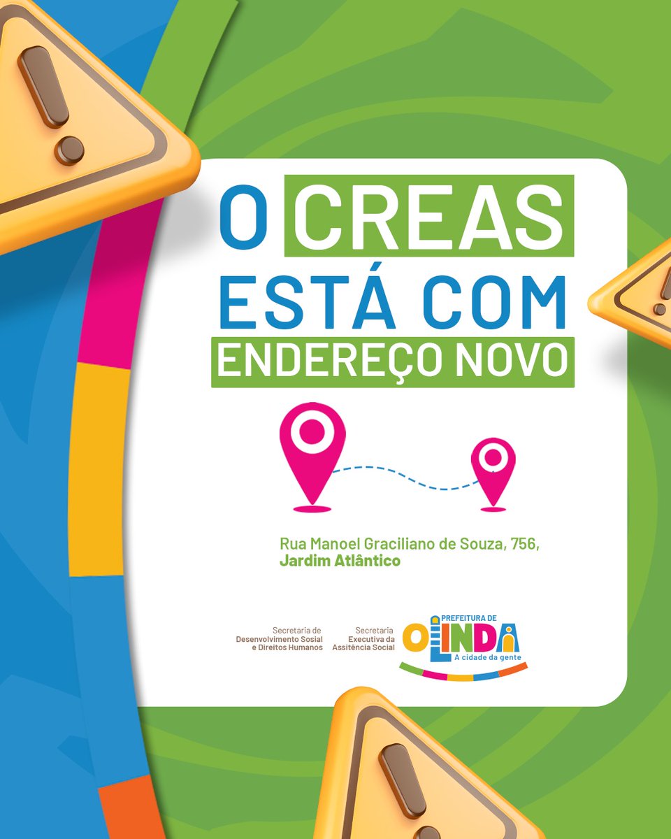 O CREAS  agora tem endereço novo!

📍 Rua Manoel Graciliano de Souza, 756 – Jardim Atlântico.

Anota aí e compartilha com quem precisa! 💬

O atendimento continua firme, só mudou o lugar! 😉

#CREASOlinda #OlindaCuida #AssistênciaSocial #DireitosHumanos