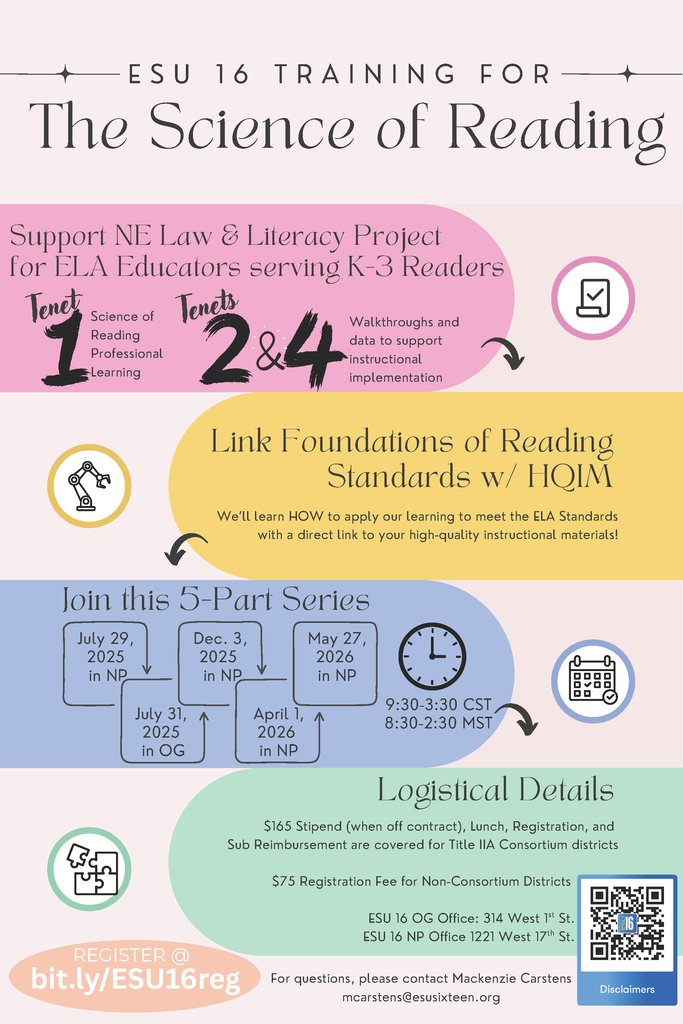 ESU_16's tweet image. Registration for The Science of Reading 25-26 series is open!
Support NE Law &amp;amp; Literacy Project for ELA Educators serving K-3 Readers &amp;amp; Apply learning to meet ELA Standards w/ a direct link to HQIM
Register here: registration.esu16.org