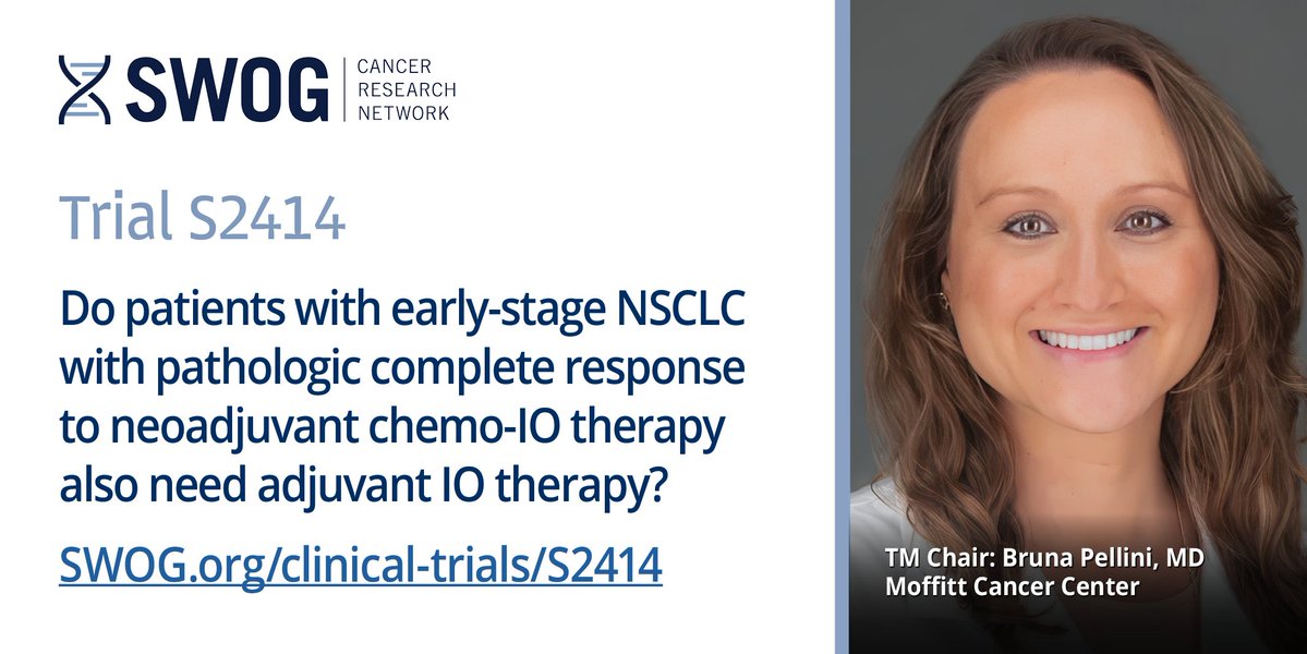 SWOG Cancer Research Network (@swog) on Twitter photo S2414 is the only early-stage #NSCLC trial testing whether adjuvant IO therapy provides added benefit when patients have already had pathCR to neoadjuvant chemo-immunotherapy. #NSCLC #lcsm
Co-PI: <a href="/ROsarogiagbon/">Raymond Osarogiagbon, MBBS, FACP</a>
TM Chair: <a href="/BrunaPellini/">Bruna Pellini, MD</a> <a href="/MoffittNews/">Moffitt Cancer Center</a>
swog.org/clinical-trial… S2414 is the only early-stage #NSCLC trial testing whether adjuvant IO therapy provides added benefit when patients have already had pathCR to neoadjuvant chemo-immunotherapy. #NSCLC #lcsm
Co-PI: <a href="/ROsarogiagbon/">Raymond Osarogiagbon, MBBS, FACP</a>
TM Chair: <a href="/BrunaPellini/">Bruna Pellini, MD</a> <a href="/MoffittNews/">Moffitt Cancer Center</a>
swog.org/clinical-trial…