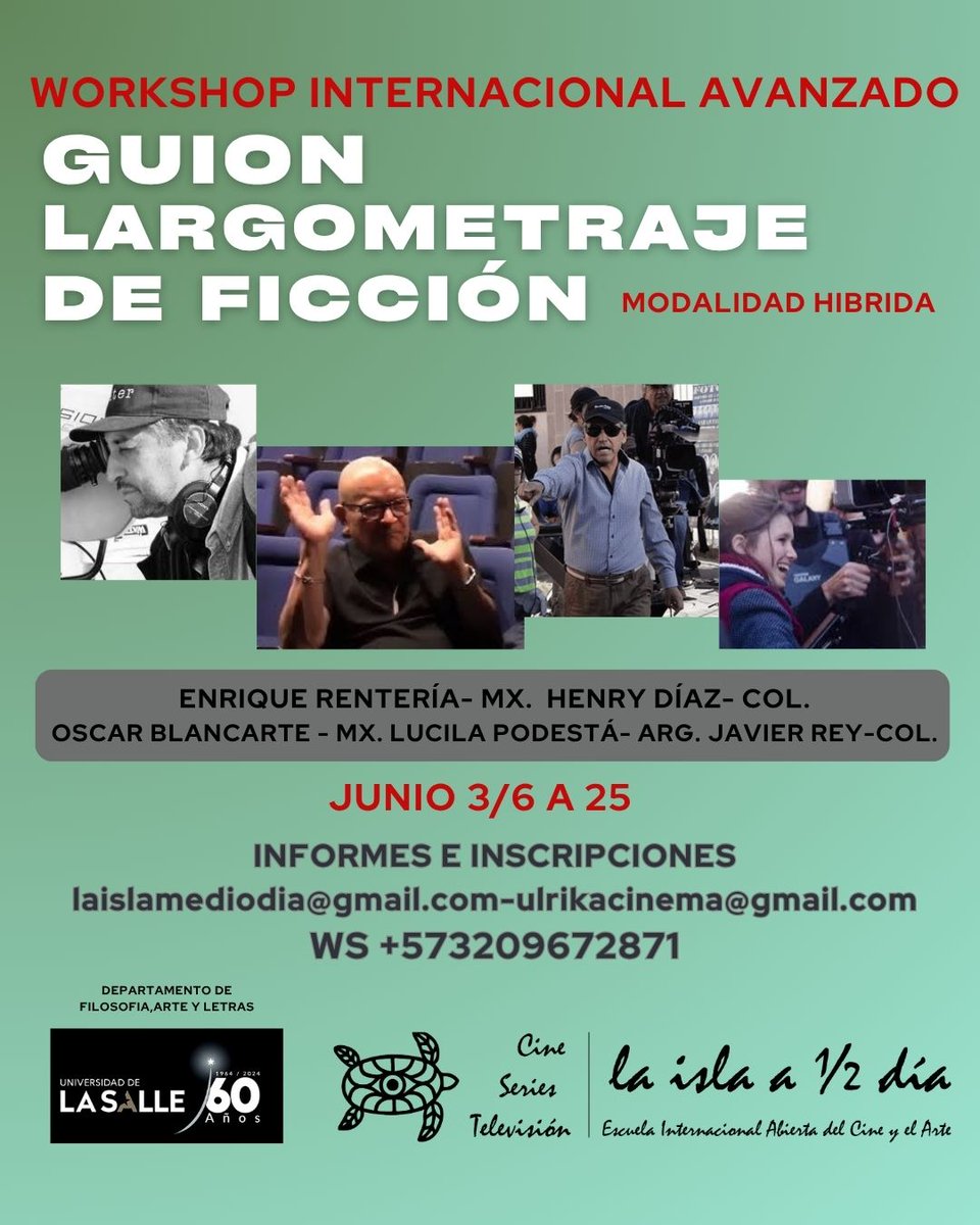 Optimice sus herramientas creativas en escritura de guion con destacados cineastas de Iberoamérica. <a href="/redescritoresco/">Red Colombiana de Escritores Audiovisuales-REDES S</a> <a href="/AcademiaColCine/">Academia Colombiana de Cine</a> <a href="/unisalle/">Unisalle</a> <a href="/SOGEM_Oficial/">SOGEM | Sociedad General de Escritores de México</a> <a href="/imcine/">IMCINE</a> <a href="/elespejoc/">El Espejo</a> <a href="/trilcecinema/">TRILCE CINEMA</a> <a href="/UlrikaCine/">ULRIKA CINEMA</a>