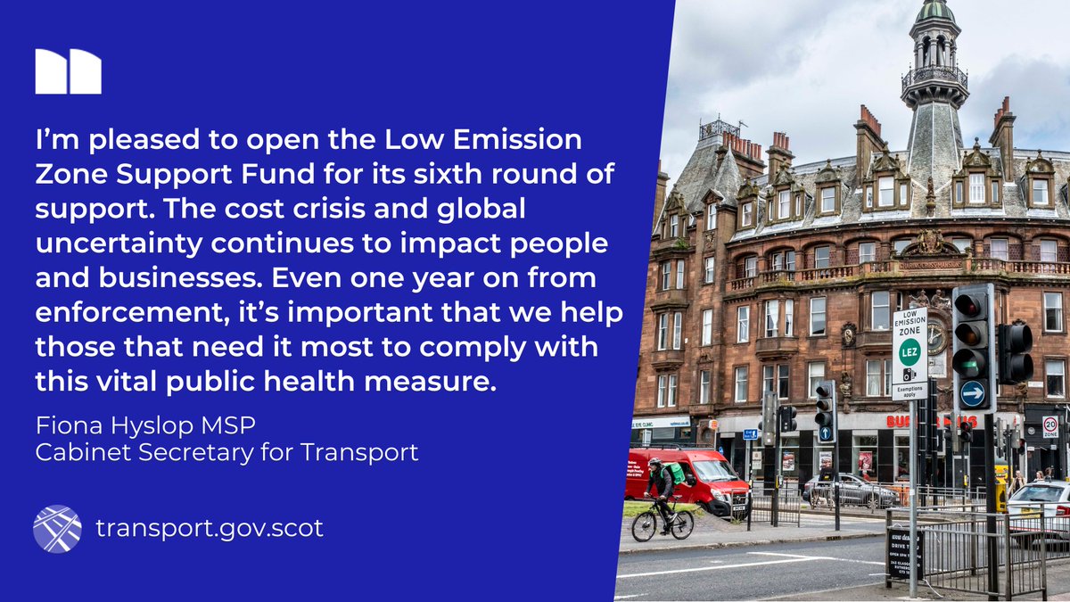 Transport Scotland (@transcotland) on Twitter photo Today <a href="/FionaHyslop/">Fiona Hyslop</a> re-opened the #LowEmissionZone Support Fund for 2025-26.
Designed for lower-income households and businesses, the @ScotGov will provide £2 million to help those most in need adapt to LEZs.
Read more ➡️ bit.ly/45pJYry Today <a href="/FionaHyslop/">Fiona Hyslop</a> re-opened the #LowEmissionZone Support Fund for 2025-26.
Designed for lower-income households and businesses, the @ScotGov will provide £2 million to help those most in need adapt to LEZs.
Read more ➡️ bit.ly/45pJYry