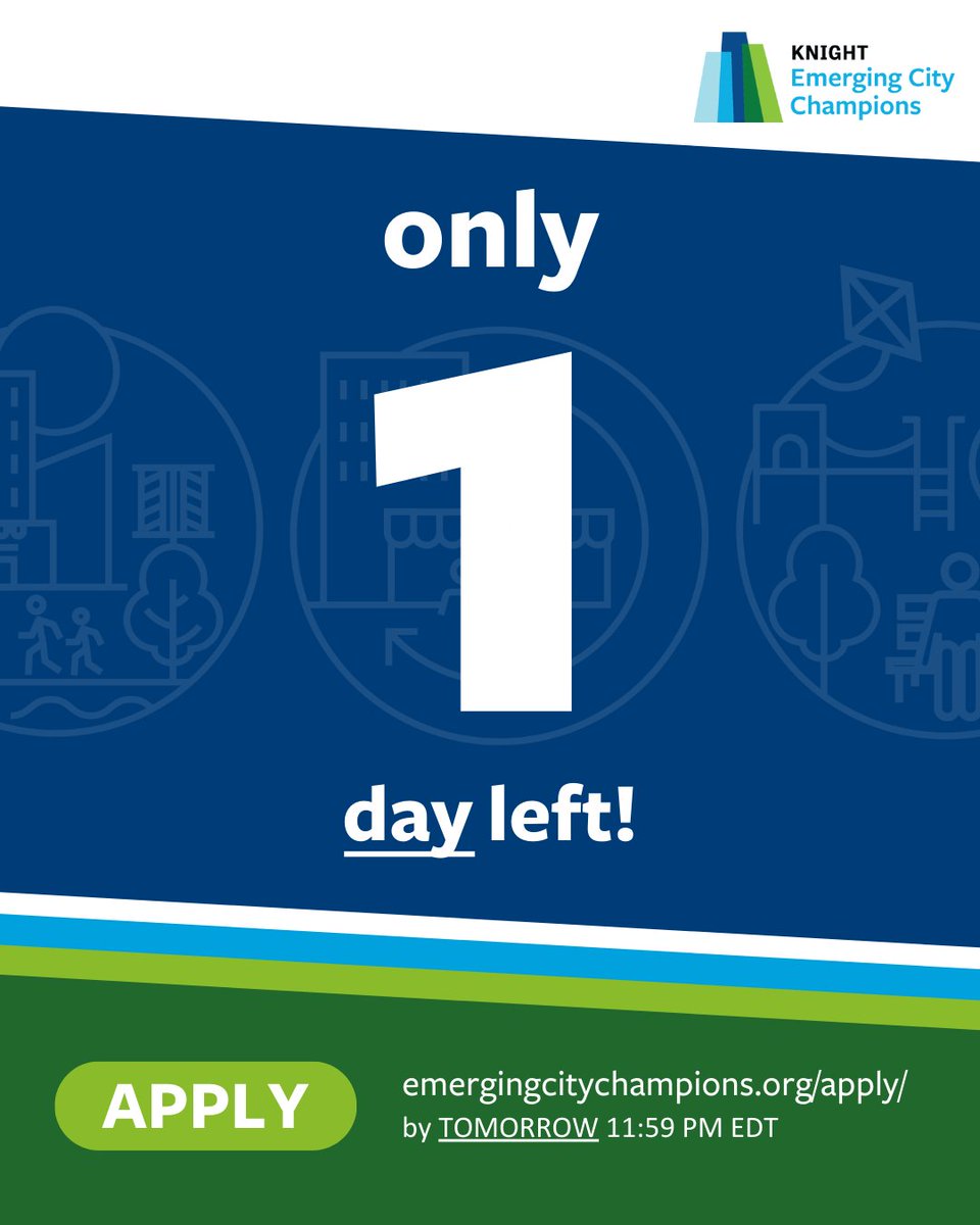 8 80 Cities (@880cities) on Twitter photo 🚨 1 DAY LEFT!
Last chance to apply for the 2025 #KECC program. Late entries won’t be accepted!
Get:
💰 $5K seed + $500 tech
🤝 Peer network
📍 3-day Toronto studio
Apply by TOMORROW at 11:59 PM EDT:
emergingcitychampions.org/apply/
<a href="/knightfdn/">Knight Foundation</a> 🚨 1 DAY LEFT!
Last chance to apply for the 2025 #KECC program. Late entries won’t be accepted!
Get:
💰 $5K seed + $500 tech
🤝 Peer network
📍 3-day Toronto studio
Apply by TOMORROW at 11:59 PM EDT:
emergingcitychampions.org/apply/
<a href="/knightfdn/">Knight Foundation</a>