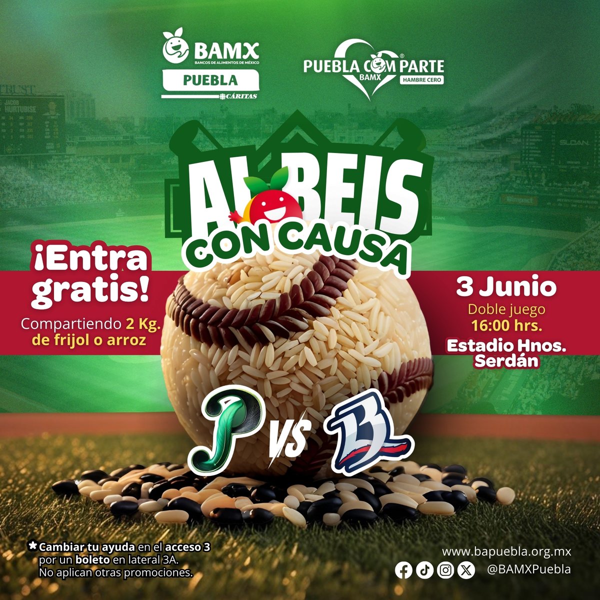 BAMXPuebla's tweet image. 🎉⚾ ¡Vive el beisbol con @Pericos_Oficial ! Te esperamos este 3 y 4 de junio. 

🎟 Entrada gratuita compartiendo 2 kg de frijol o arroz. ¡Suma tu ayuda y disfruta el juego!

#AlBeisConCausa #BAMX #PueblaComparte #HambreCero #BeisbolConSentido #EstadioHnosSerdán