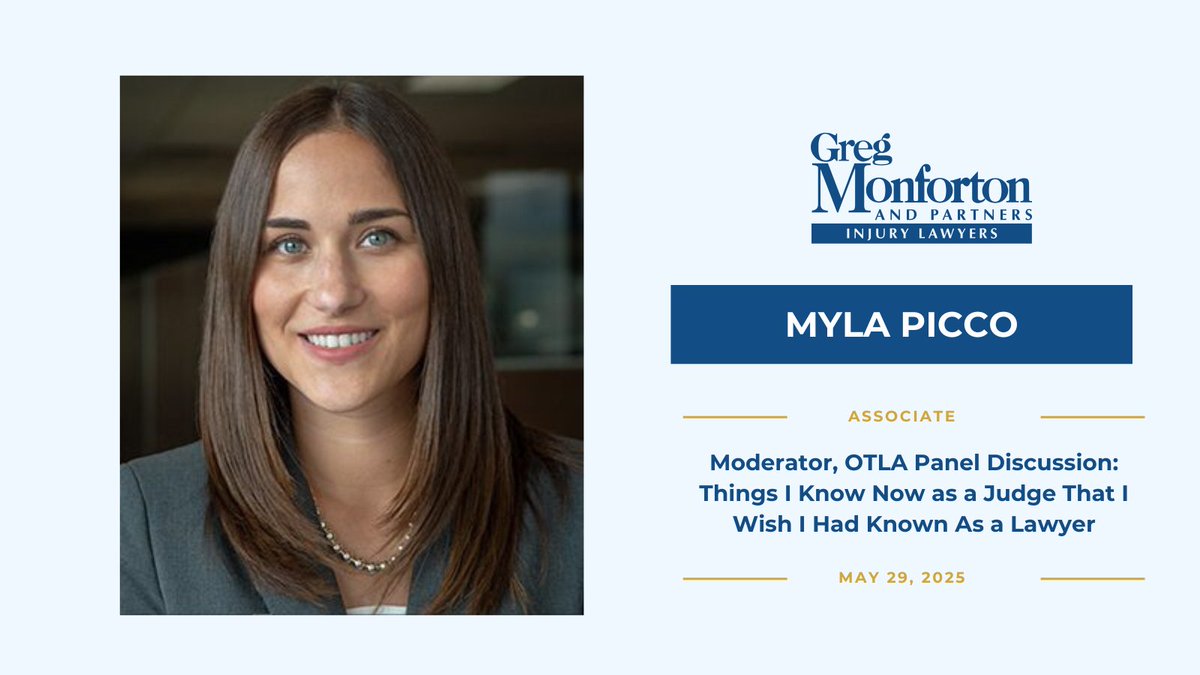 On May 29, associate Myla Picco will co-moderate a special presentation with four distinguished judges, "Things I Know Now as a Judge That I Wish I Had Known When I Was a Lawyer!"  It's not too late to register!

#gregmonfortonandpartners #otla #ontario
gregmonforton.com/blog/myla-picc…