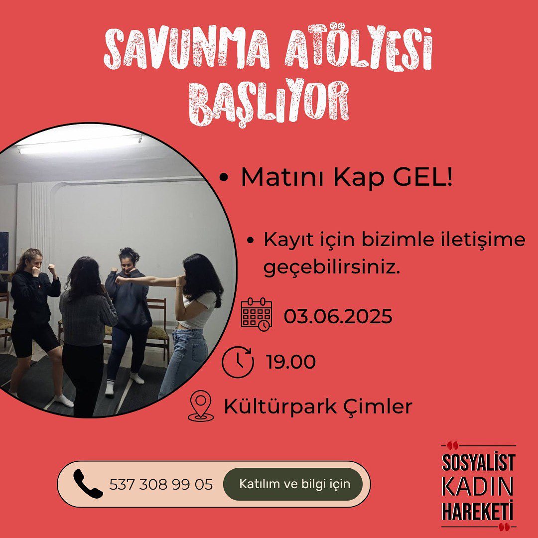 📍İzmir

İlkinde bir araya geldik, birlikte güçlendik. Şimdi ikinci buluşmamızda bir kez daha birbirimizden öğrenmeye, dayanışmayı büyütmeye geliyoruz.

Savunma bireysel değil, kolektif bir haktır!
Matını kap, arkadaşını al, gel!