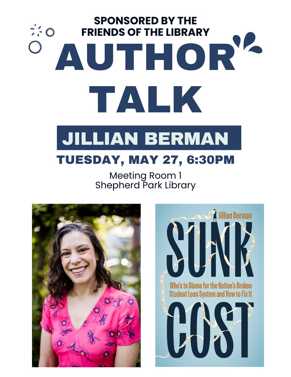DC-area! I'll be talking about student debt tonight at the Shepherd Park library. Excited to share insights from my book SUNK COST at a local public library! Details here: