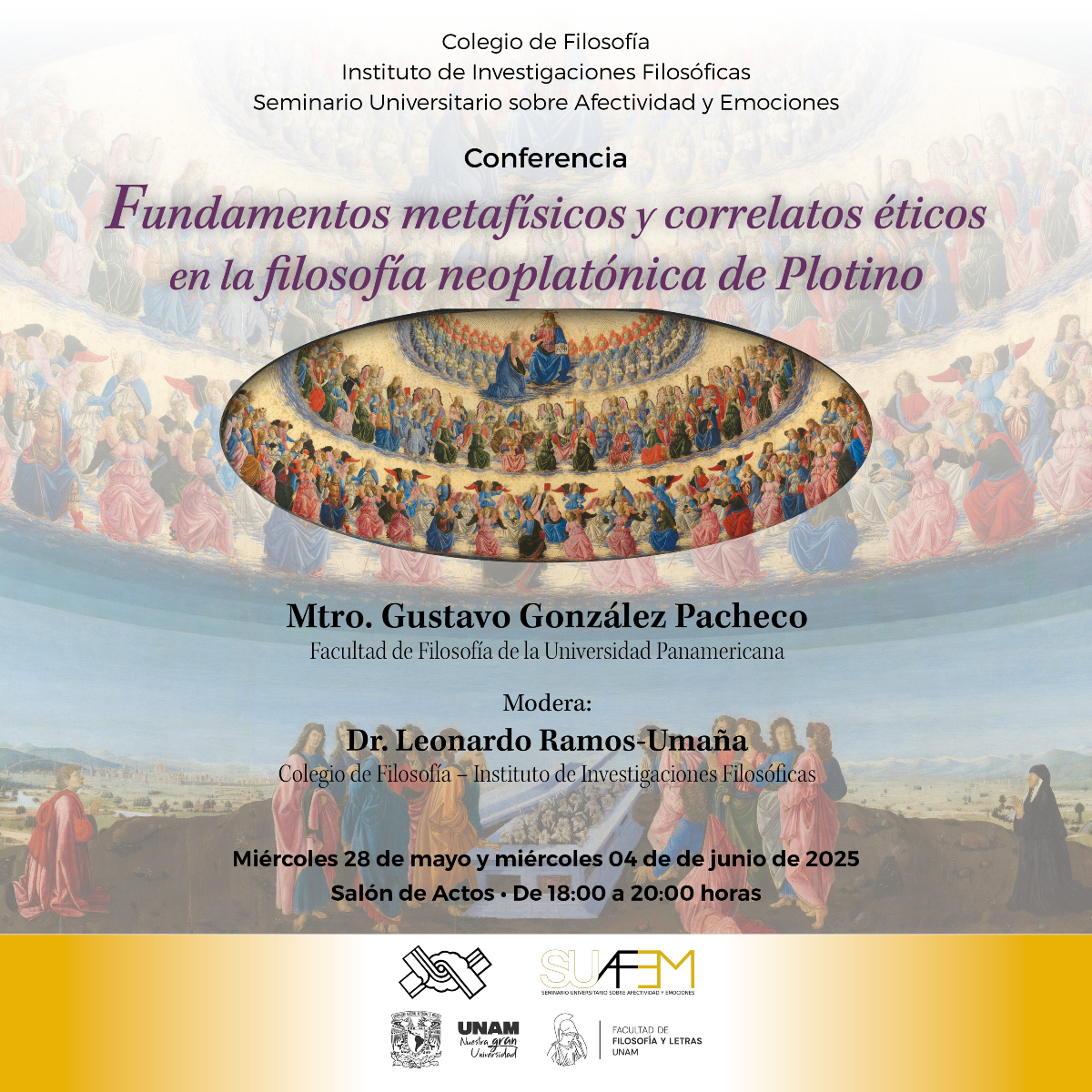 El colegio de Filosofía FFyL y el Instituto de Investigaciones Filosóficas invita a la conferencia "Fundamentos metafísicos y correlatos éticos en la filosofía neoplatónica de Plotino", impartida por el maestro Gustavo González Pacheco de la Universidad Panamericana. 

#EnFilos