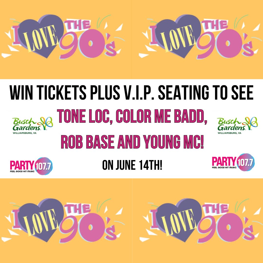 Ain't no party like a throwback party &amp; we’ve got your chance to win tickets + VIP seats to the “I Love The 90’s Tour” coming June 14th! Register here: ul.ink/YBY8N

#PARTY1077
#iHeartRadio
#BuschGardens
#ILoveThe90s
#ToneLoc
#ColorMeBadd
#RobBase
#YoungMC