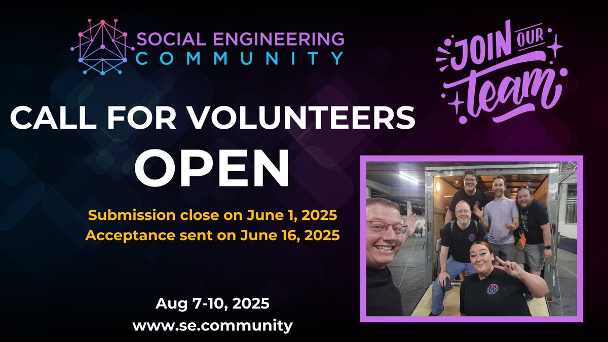 sec_defcon's tweet image. ⌛ Just 4 days left to join the crew!
Be part of the SE Community team — no pressure to unload the truck, but you might want to just for the laughs.
📅 Deadline: June 1
Apply now — se.community/call-for-volun…