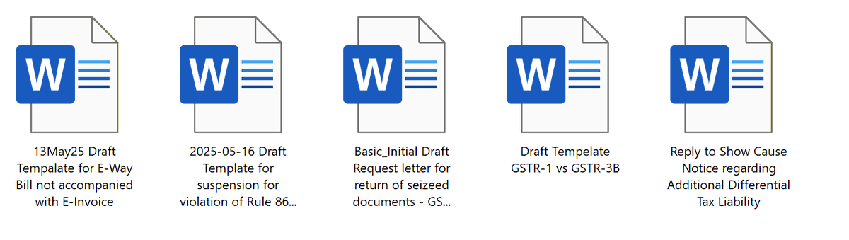 𝗚𝗶𝘃𝗲 𝗔𝘄𝗮𝘆 𝗔𝗹𝗲𝗿𝘁!!

1. Reply for E-Way Bill not accompanied with e-Invoice
2. GST Registration suspended for violation of Rule 86B
3. Request Letter to return seized documents in GST Search
4. Reply for difference in GSTR-1 &amp; GSTR-3B
5. Reply for Additional Tax