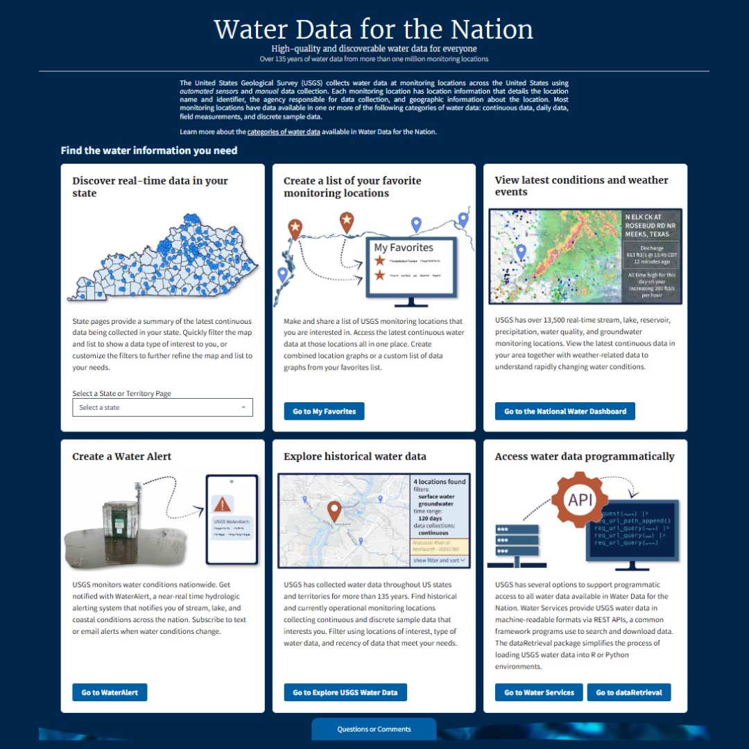 USGS_Water's tweet image. Water Data for the Nation (WDFN) has a brand-new home page!
Access real-time water information for your state, explore historical data, set up Water Alerts, and much more. Learn more - waterdata.usgs.gov/blog/intro-wdf…