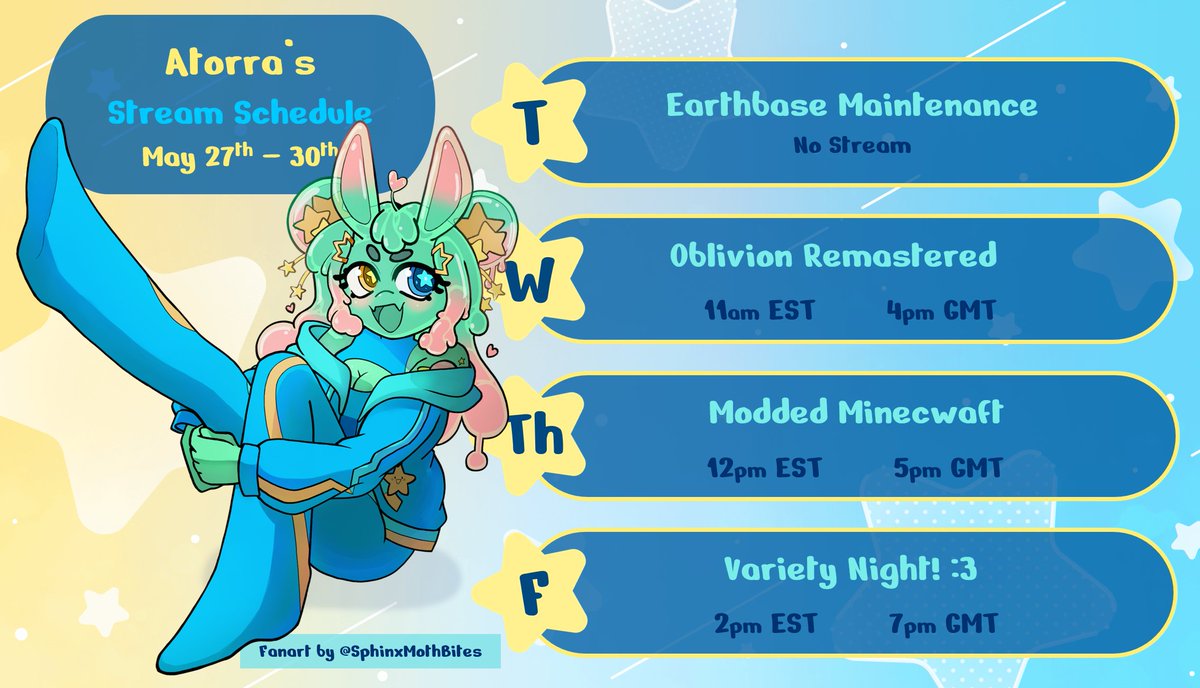 HEWWO EARTHLINGS! 💚🛸✨

Streaming schedule for this week, featuring some new fanart from <a href="/Sphinx_Achemon/">SphinxMothBitez</a> ! Super excited, see you all tomorrow bright and early! 💚