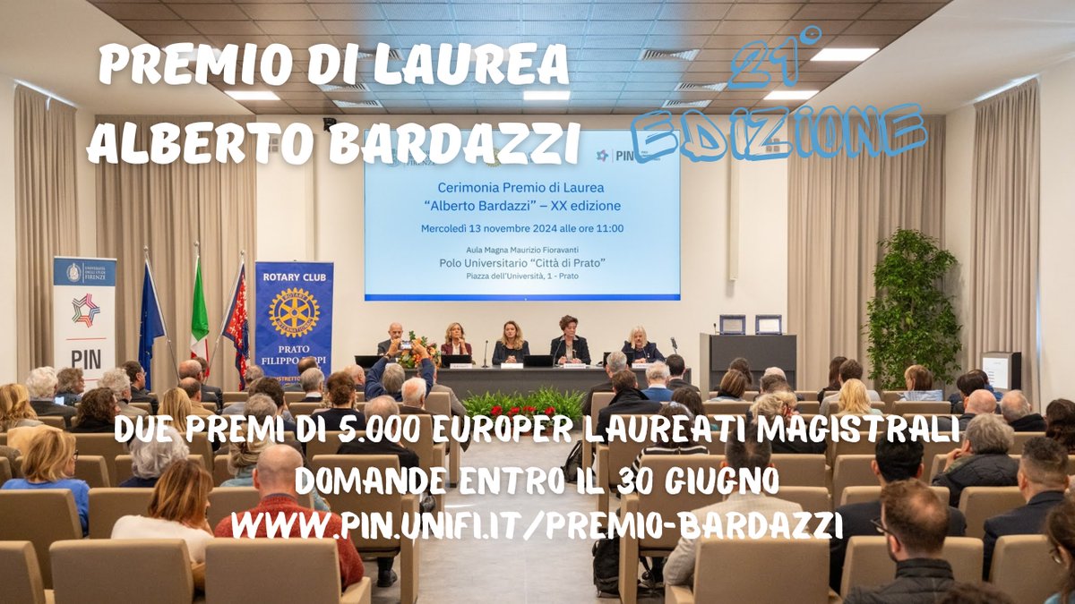 Fondazione PIN (@pinpoloprato) on Twitter photo 21° edizione del Premio di Laurea Alberto Bardazzi - SCADENZA PROROGATA AL 30 GIUGNO 2025.
Il premio che assegna ogni anno ai migliori laureati magistrali dell'Università degli Studi di Firenze due premi di 5.000 Euro.
pin.unifi.it/eventi/1667-pr…
<a href="/UNI_FIRENZE/">Università di Firenze</a> <a href="/quiprato/">cittàdiprato</a> 21° edizione del Premio di Laurea Alberto Bardazzi - SCADENZA PROROGATA AL 30 GIUGNO 2025.
Il premio che assegna ogni anno ai migliori laureati magistrali dell'Università degli Studi di Firenze due premi di 5.000 Euro.
pin.unifi.it/eventi/1667-pr…
<a href="/UNI_FIRENZE/">Università di Firenze</a> <a href="/quiprato/">cittàdiprato</a>