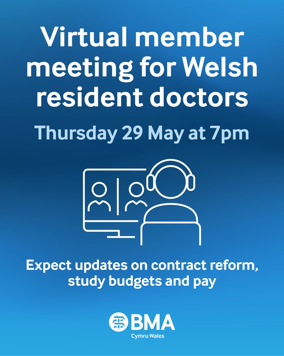 BMA_WRDC's tweet image. 🏴Wales-based resident doctors
📅 Join us this Thursday 29 May at 7pm for a key update session covering:
📰 Contract reform
📚 Study budgets
💰 Pay
❓ Plus a live Q&A!
🔗Head to bit.ly/3H6dCrK to register.