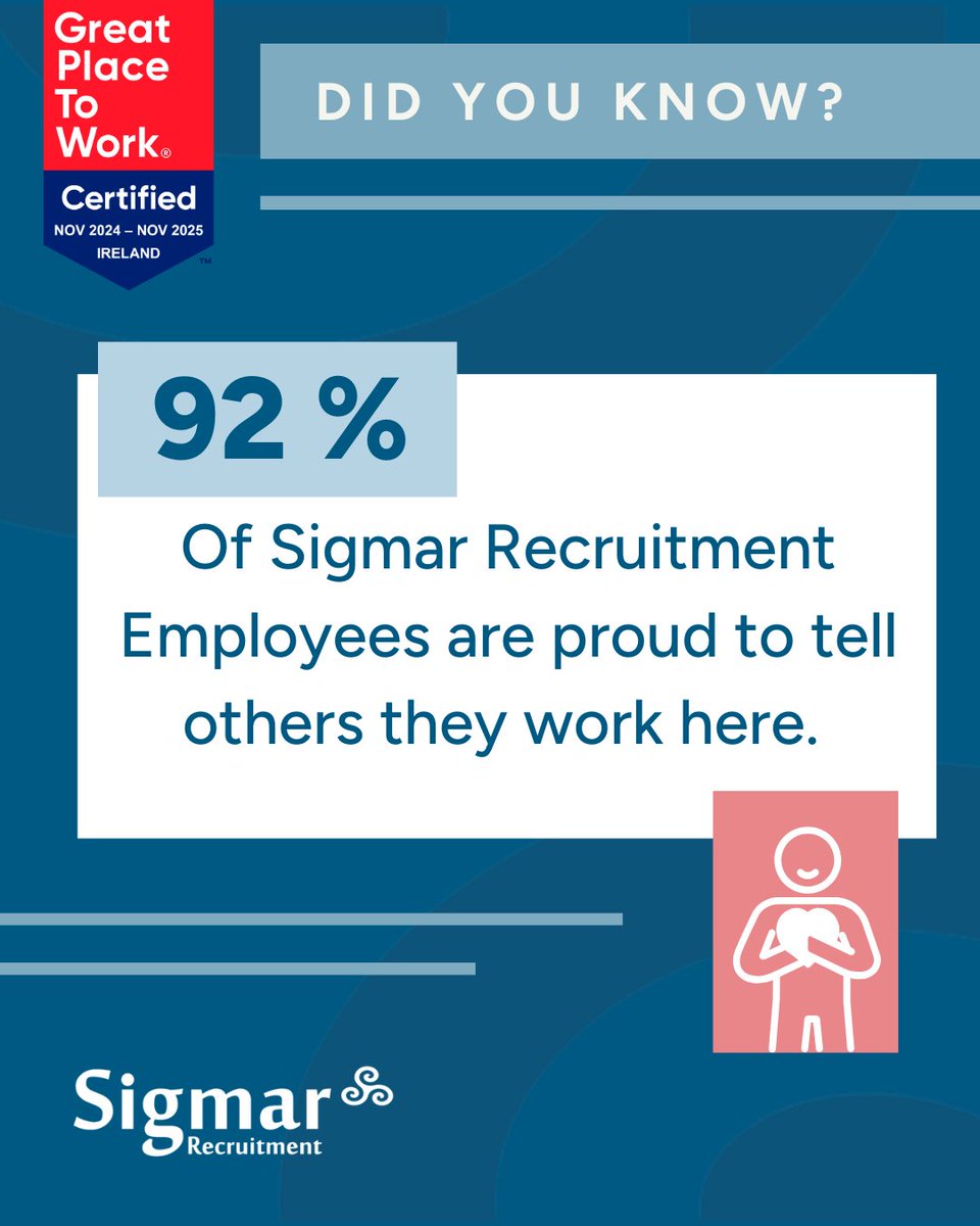 92% of Sigmar employees are proud to tell others they work here💙

We’re proud to be Great Place to Work Certified for another year- and even prouder that our team backs it up.

Want to join our team? For more information head to: sigmarrecruitment.com/aboutus/career…