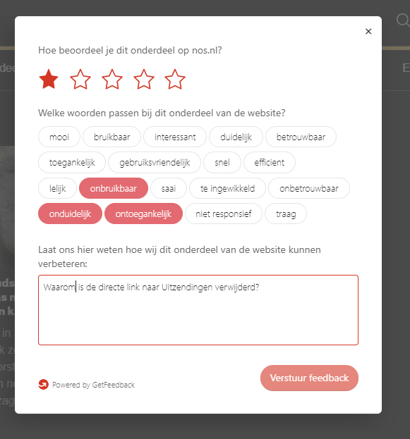 RicardoMusch's tweet photo. @NOS Waarom is de directe link naar NOS uitzendingen verwijderd van jullie site? En trouwens, de feedback popup werkt ook niet, het versturen  doet niks (Chrome, Windows 11 x64) https://t.co/1QeHd9Hqnv