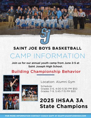 SB Saint Joe Basketball (@sjhoopsquad) on Twitter photo It’s almost camp time!
Here is our camp information.
For more information, please contact Coach Gaff at egaff@saintjoehigh.com
#HuskyNation It’s almost camp time!
Here is our camp information.
For more information, please contact Coach Gaff at egaff@saintjoehigh.com
#HuskyNation