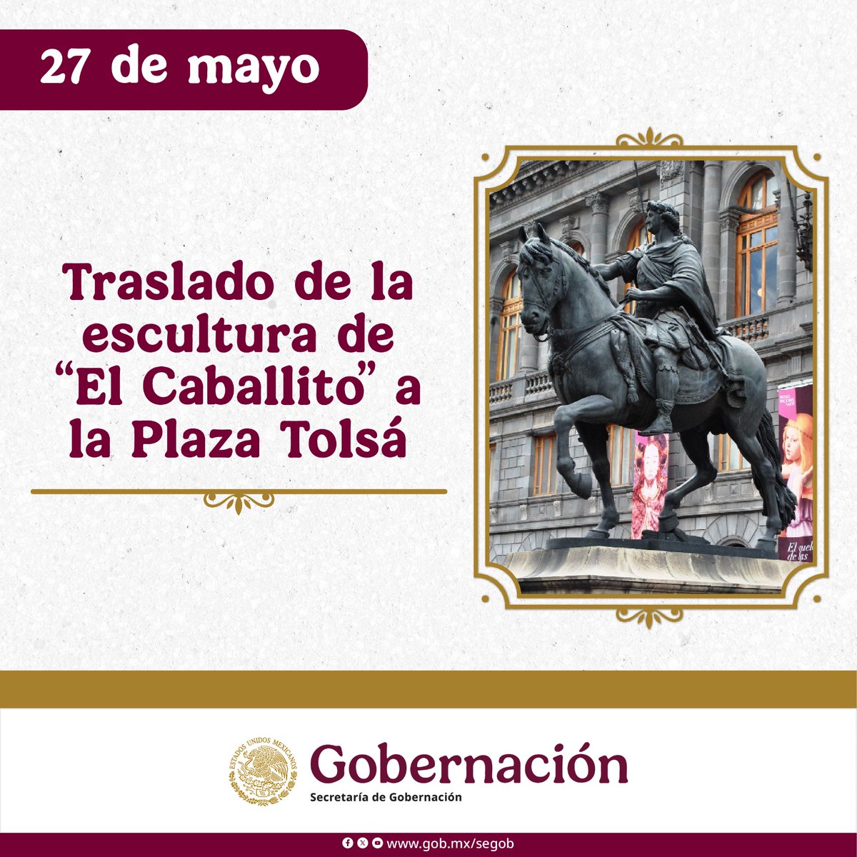 El 27 de mayo de 1979, la estatua de Carlos IV, conocida como “El Caballito”, fue trasladada a las afueras del Museo Nacional de Arte.
La escultura ecuestre es autoría de Manuel Tolsá, artista que diseñó los actuales Palacio de Minería y Museo Nacional de San Carlos.