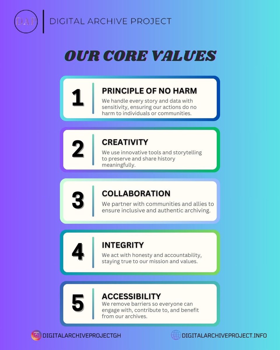 The Digital Archive Project gathers LGBTQ+ related data in Ghana. Here are some of our core values. 

digitalarchiveproject.info 🖤