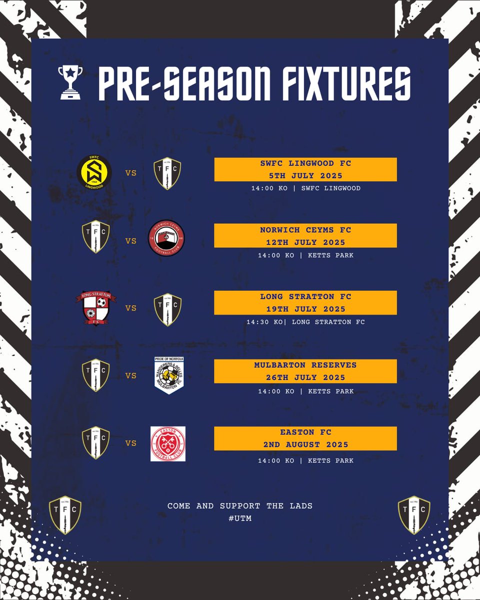 Tacolneston FC (@tacolnestonfc) on Twitter photo ⚽Pre-Season Friendlies⚽
Coming up against some old friends <a href="/southwalshamfc/">SWFC Lingwood</a> <a href="/MulbartonResFC/">Mulbarton Reserves FC</a> & games vs <a href="/NorwichCeyms/">Norwich CEYMS</a> <a href="/longstrattonfc/">Long Stratton FC</a> & <a href="/eastonfc/">Easton FC</a>
Training starts on Tues 24th June, Ketts Park. If you'd like to come along, drop us a message! All new faces are very welcome
#UTM ⚽Pre-Season Friendlies⚽
Coming up against some old friends <a href="/southwalshamfc/">SWFC Lingwood</a> <a href="/MulbartonResFC/">Mulbarton Reserves FC</a> & games vs <a href="/NorwichCeyms/">Norwich CEYMS</a> <a href="/longstrattonfc/">Long Stratton FC</a> & <a href="/eastonfc/">Easton FC</a>
Training starts on Tues 24th June, Ketts Park. If you'd like to come along, drop us a message! All new faces are very welcome
#UTM