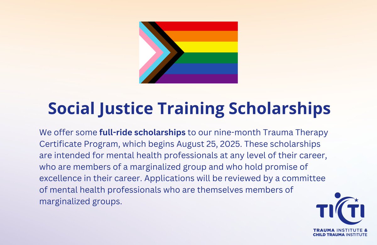 To apply for a Trauma Therapy Certificate Program Social Justice Scholarship and for more information please visit the links below -

ticti.org/training/certi…
ticti.org/.../social-jus…
