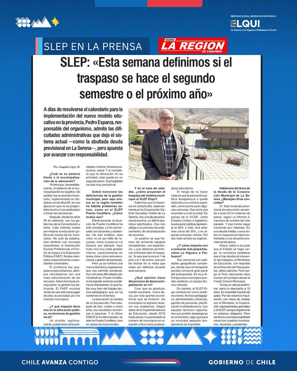 edu_elqui's tweet image. 📰 Agradecemos la entrevista que realizó @laregionnoticias al Director Ejecutivo del Servicio Local de Educación Pública, Pedro Esparza Olivares, espacio en que dio a conocer el proceso de implementación del servicio y el futuro traspaso de establecimientos educacionales