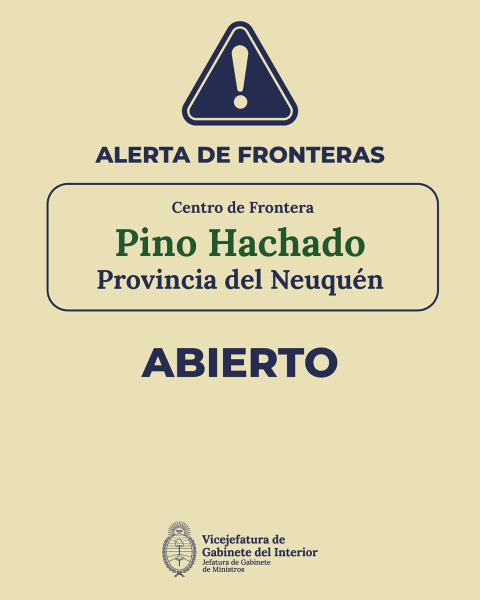 El Centro de Frontera Pino Hachado, en la provincia del Neuquén, se encuentra habilitado. 

🔗 Consultá el estado actualizado en argentina.gob.ar/pino-hachado